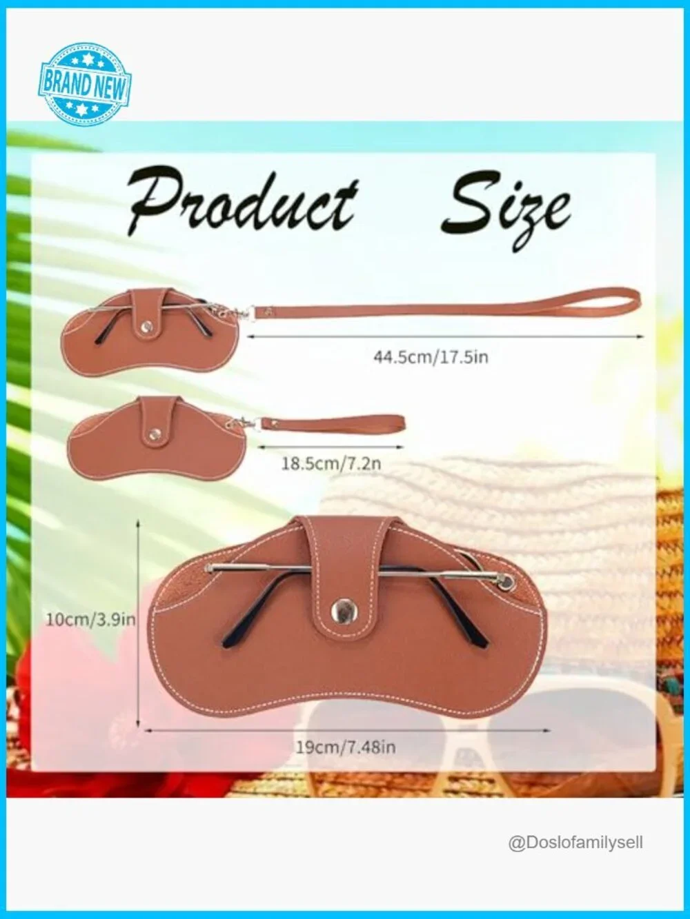 Leather Sunglasses Case with Slim Strap Metal Snap Closure Portable Eyewear